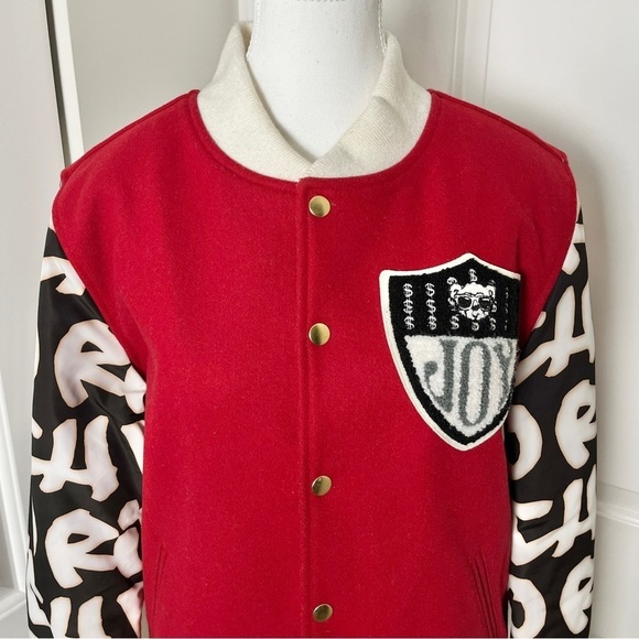 Joyrich Retro Y2K 90s Graffiti Wool Blend Varsity Letterman Red Bomber Jacket, M - Picture 6 of 16
